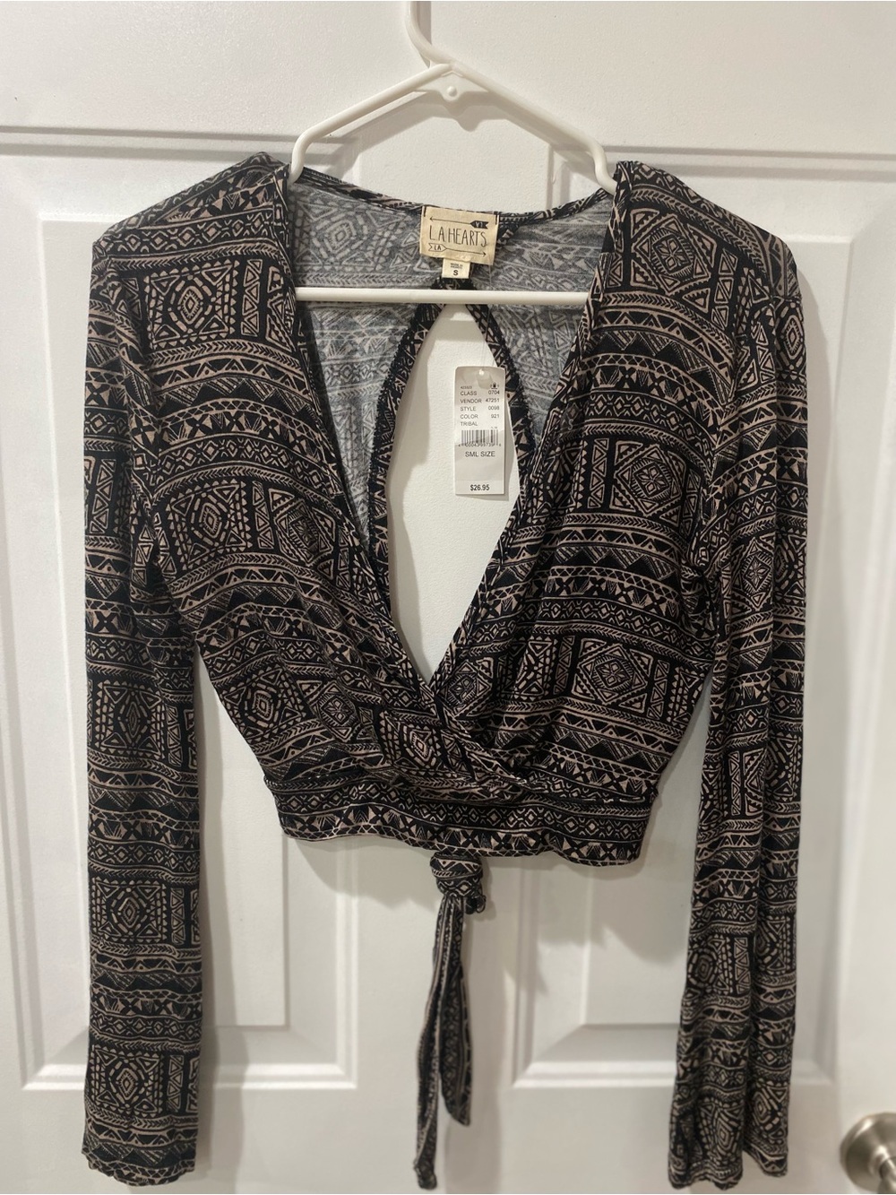 La Hearts Black & Tan Geometric Wrap Crop Top with Tie